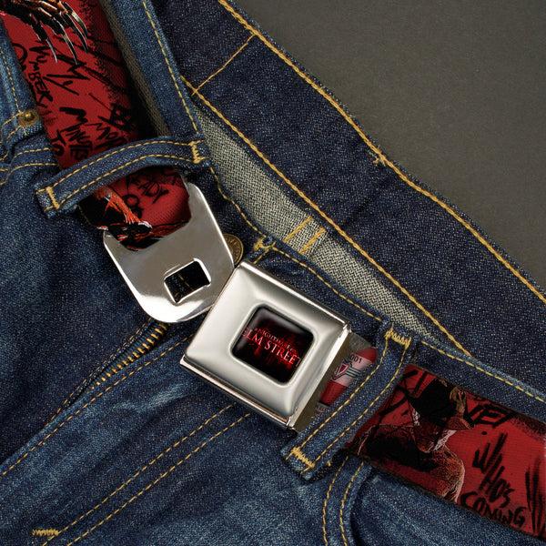 Buckle Down A NIGHTMARE ON ELM STREET Logo Full Color Black/Reds Seatbelt Belt - Freddy 4-Poses/Quote Scrawls/Hand Scratching Reds/Black Webbing