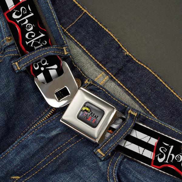 Buckle Down AAAHH REAL MONSTERS Logo Full Color Black Fade Seatbelt Belt - Oblina Poses SHOCKING Stripe Black/White Webbing