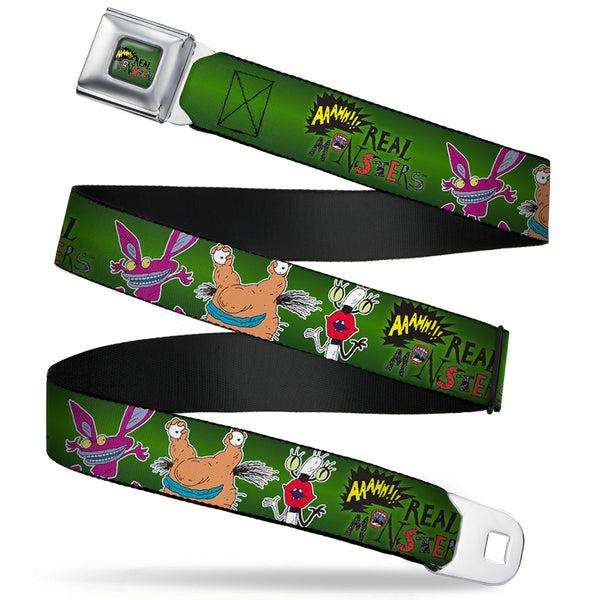 buckle down AAAHH REAL MONSTERS Logo Full Color Green Seatbelt Belt - AAAHH REAL MONSTERS Ickis/Krumm/Oblina Pose Green Webbing