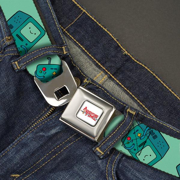 Buckle Down ADVENTURE TIME Title Logo Full Color White Seatbelt Belt - Adventure Time BMO Pose Flips Seafoam Green Webbing