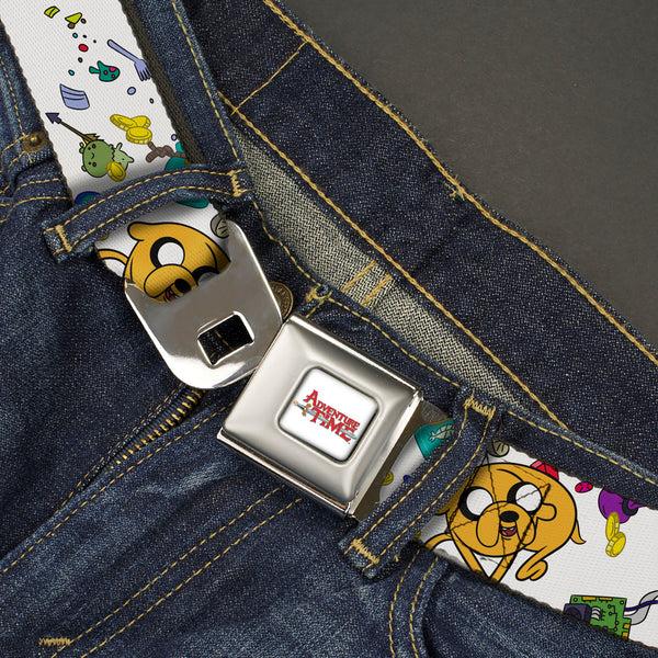 Buckle Down ADVENTURE TIME Title Logo Full Color White Seatbelt Belt - Adventure Time Jake And Finn Open Pack Pose White Webbing