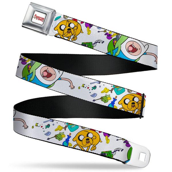 buckle down ADVENTURE TIME Title Logo Full Color White Seatbelt Belt - Adventure Time Jake and Finn Open Pack Pose White Webbing