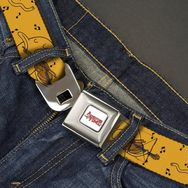 Buckle Down ADVENTURE TIME Title Logo Full Color White Seatbelt Belt - Adventure Time Jake Dancing And Violin Poses Yellow Webbing