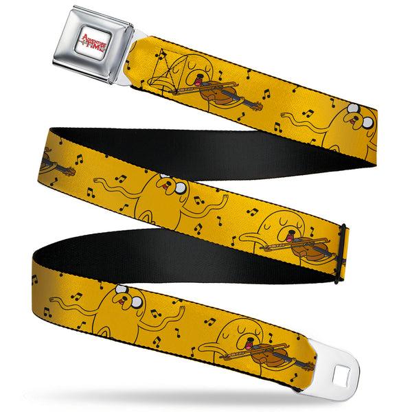 buckle down ADVENTURE TIME Title Logo Full Color White Seatbelt Belt - Adventure Time Jake Dancing and Violin Poses Yellow Webbing