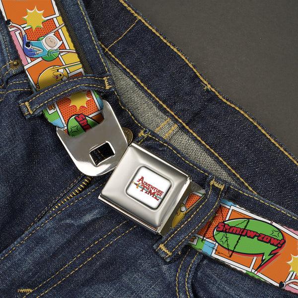 Buckle Down ADVENTURE TIME Title Logo Full Color White Seatbelt Belt - Adventure Time Finn And Jake SHMOW-ZOW Comic Pose Orange Webbing