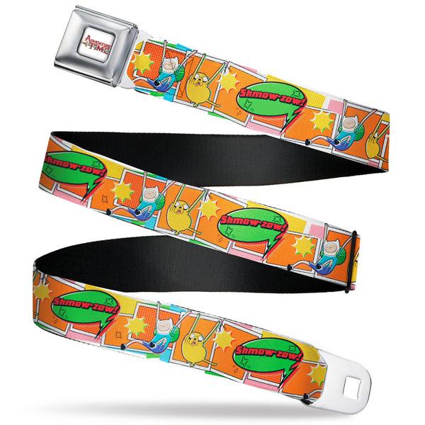 buckle down ADVENTURE TIME Title Logo Full Color White Seatbelt Belt - Adventure Time Finn and Jake SHMOW-ZOW Comic Pose Orange Webbing