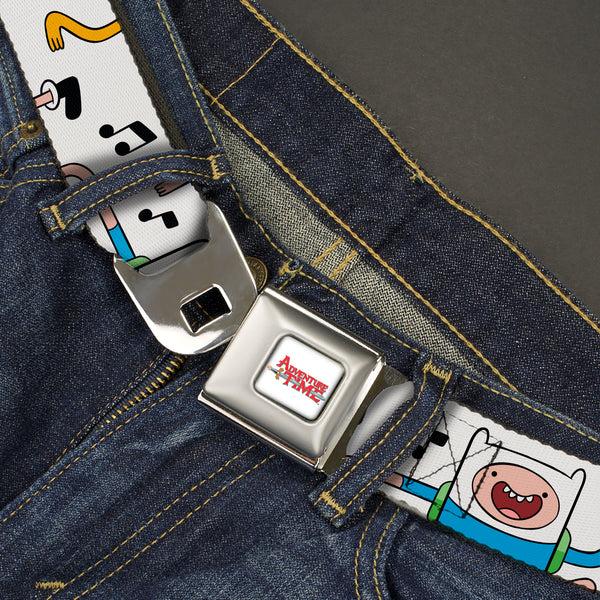 Buckle Down ADVENTURE TIME Title Logo Full Color White Seatbelt Belt - Adventure Time Finn And Jake Dancing Poses And Music Notes White Webbing