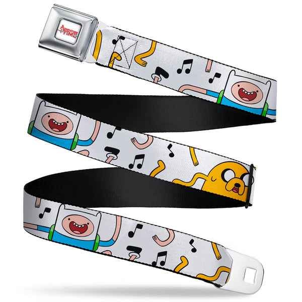buckle down ADVENTURE TIME Title Logo Full Color White Seatbelt Belt - Adventure Time Finn and Jake Dancing Poses and Music Notes White Webbing