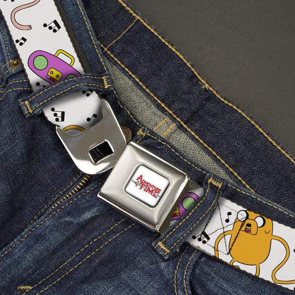 Buckle Down ADVENTURE TIME Title Logo Full Color White Seatbelt Belt - Adventure Time Finn And Jake Long Arms Dancing Pose White Webbing