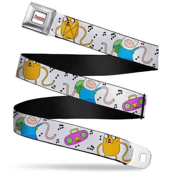 buckle down ADVENTURE TIME Title Logo Full Color White Seatbelt Belt - Adventure Time Finn and Jake Long Arms Dancing Pose White Webbing
