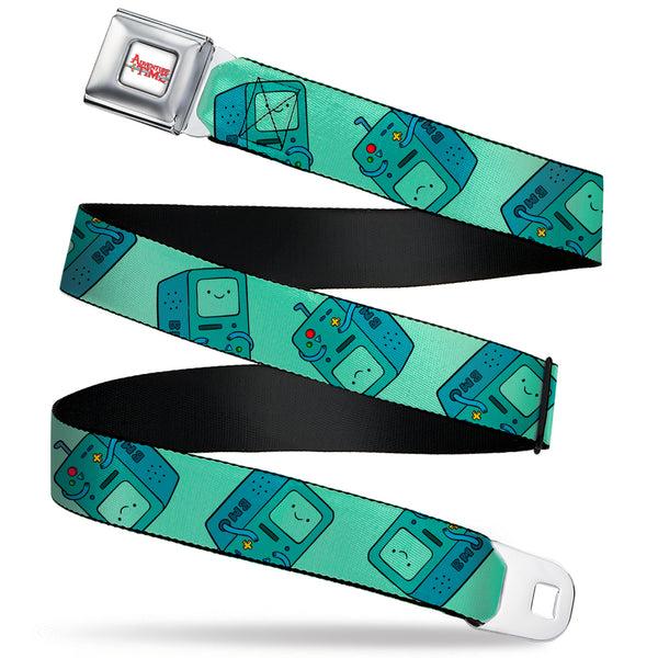 buckle down ADVENTURE TIME Title Logo Full Color White Seatbelt Belt - Adventure Time BMO Pose Flips Seafoam Green Webbing