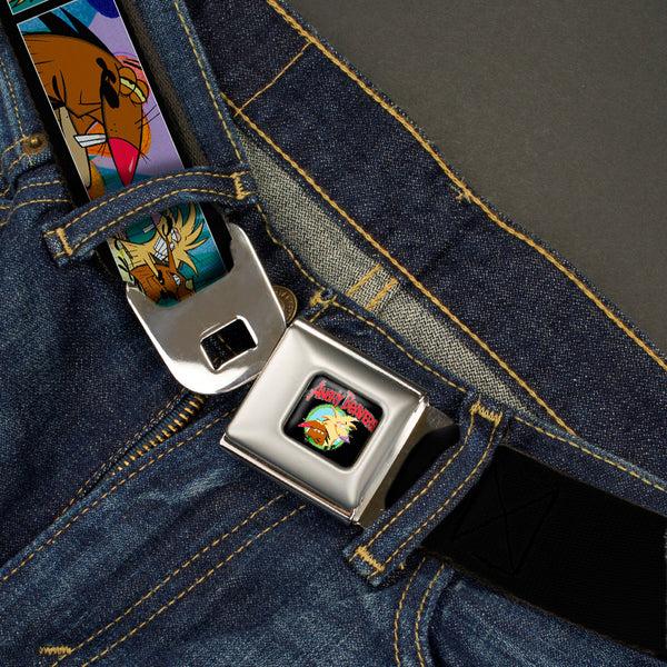 Buckle Down Angry Beavers Logo Full Color Black Seatbelt Belt - ANGRY BEAVERS Daggett & Norbert Blocks Black Webbing