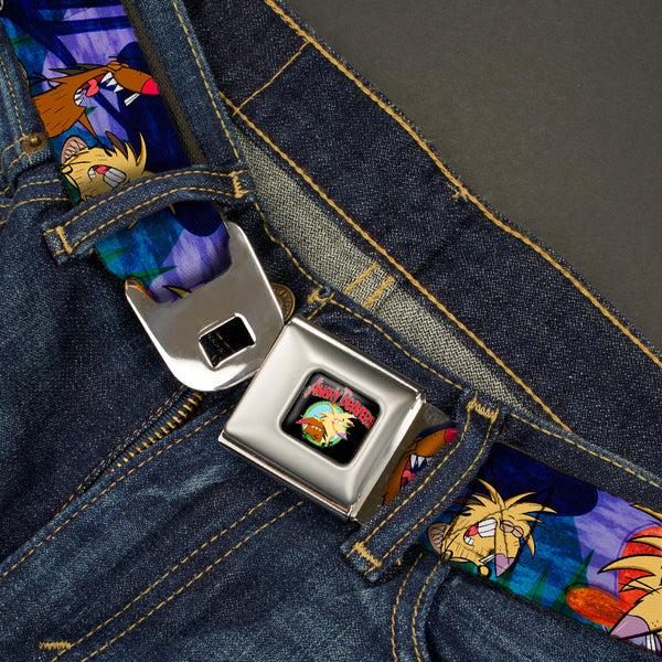 Buckle Down Angry Beavers Logo Full Color Black Seatbelt Belt - Daggett & Norbert Poses Blue Mountains Webbing