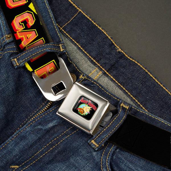 Buckle Down Angry Beavers Logo Full Color Black Seatbelt Belt - Norbett & Daggett Pose NOW YOU CAN PANIC Black/Yellow/Red Webbing
