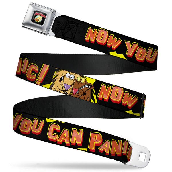 buckle down Angry Beavers Logo Full Color Black Seatbelt Belt - Norbett & Daggett Pose NOW YOU CAN PANIC Black/Yellow/Red Webbing