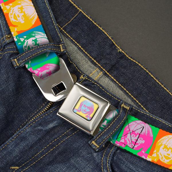 Buckle Down Annabelle Pop Art Face Full Color Yellow/Pink/Blue Seatbelt Belt - Annabelle Doll Face Pop Art Color Block Multi Color Webbing