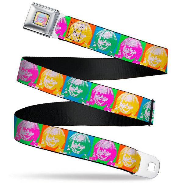 buckle down Annabelle Pop Art Face Full Color Yellow/Pink/Blue Seatbelt Belt - Annabelle Doll Face Pop Art Color Block Multi Color Webbing
