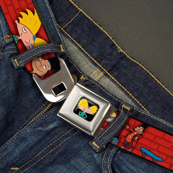 Buckle Down Arnold Pose Full Color Black Seatbelt Belt - Arnold & Gerald Poses Brick Wall Webbing