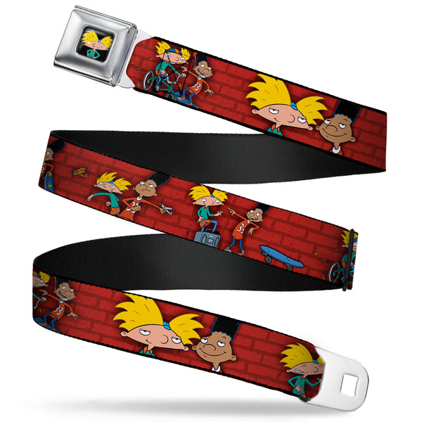 Buckle Down Arnold Pose Full Color Black Seatbelt Belt - Arnold & Gerald Poses Brick Wall Webbing