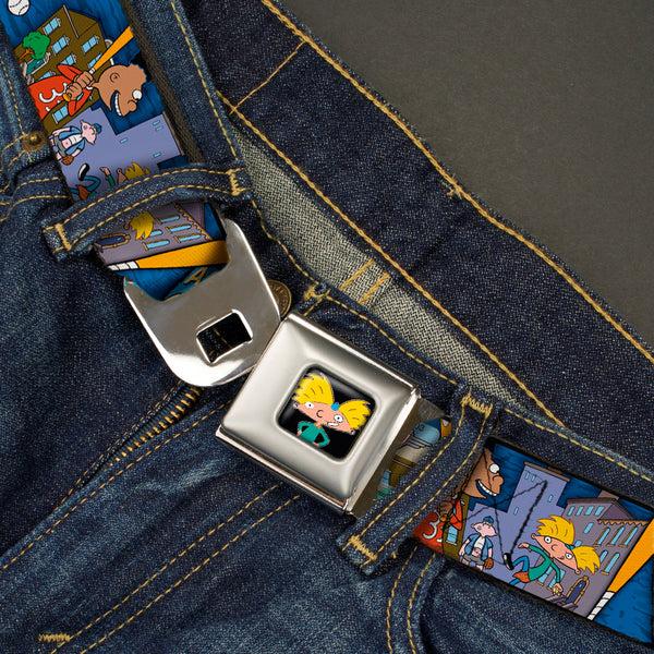 Buckle Down Arnold Pose Full Color Black Seatbelt Belt - Arnold ALL-STAR/Gerald SLUGGER Baseball Poses Blue Webbing