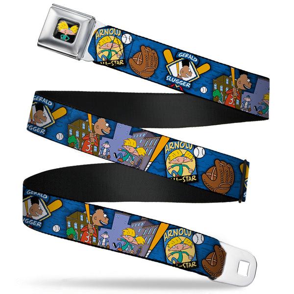 Buckle Down Arnold Pose Full Color Black Seatbelt Belt - Arnold ALL-STAR/Gerald SLUGGER Baseball Poses Blue Webbing