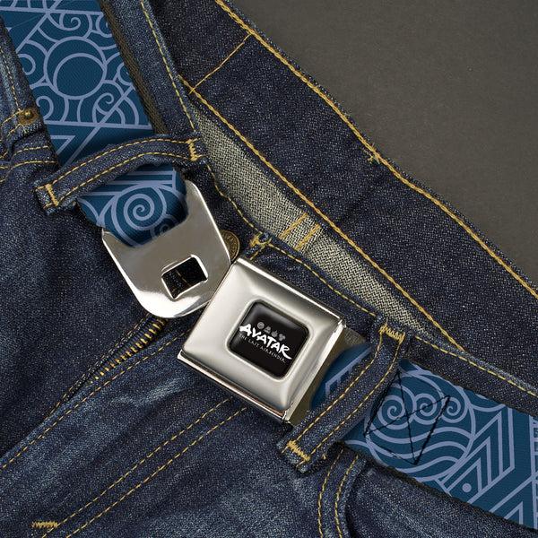 Buckle Down AVATAR LAST AIRBENDER Title Logo Full Color Black/White Seatbelt Belt - Avatar Last Airbender Water Element Symbol Blues Webbing