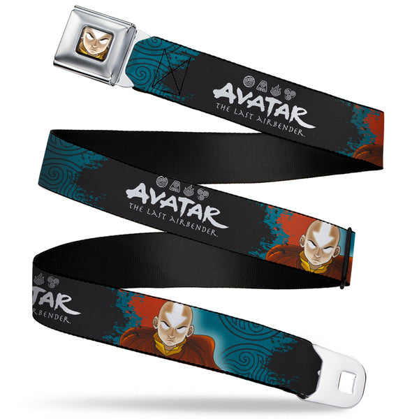 buckle down Avatar the Last Airbender Aang Face Close-Up Full Color Seatbelt Belt - AVATAR THE LAST AIRBENDER Aang Pose and Title Logo Blues/White Webbing