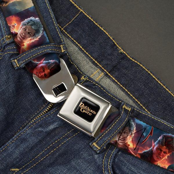 Buckle Down BALDUR'S GATE III Title Logo Full Color Black/Gold Seatbelt Belt - Baldur's Gate III Five Character Pose Blocks Webbing