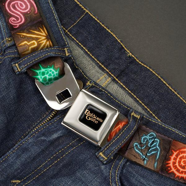 Buckle Down BALDUR'S GATE III Title Logo Full Color Black/Gold Seatbelt Belt - Baldur's Gate III Spells Icon Blocks Multi Color Webbing