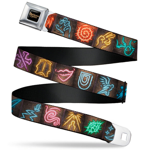 buckle down BALDUR'S GATE III Title Logo Full Color Black/Gold Seatbelt Belt - Baldur's Gate III Spells Icon Blocks Multi Color Webbing