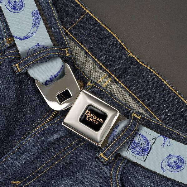 Buckle Down BALDUR'S GATE III Title Logo Full Color Black/Gold Seatbelt Belt - Baldur's Gate III Icons Scattered Blues Webbing