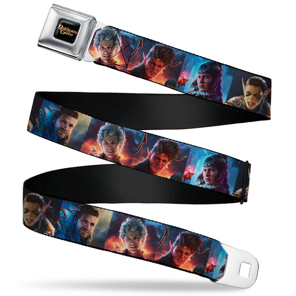 buckle down BALDUR'S GATE III Title Logo Full Color Black/Gold Seatbelt Belt - Baldur's Gate III Five Character Pose Blocks Webbing
