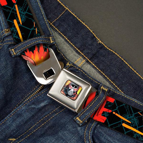 Buckle Down Bane Face Explosion Full Color Seatbelt Belt - BANE Pose/Explosion Bat Signal/Chanlink Black/Gray/Reds Webbing