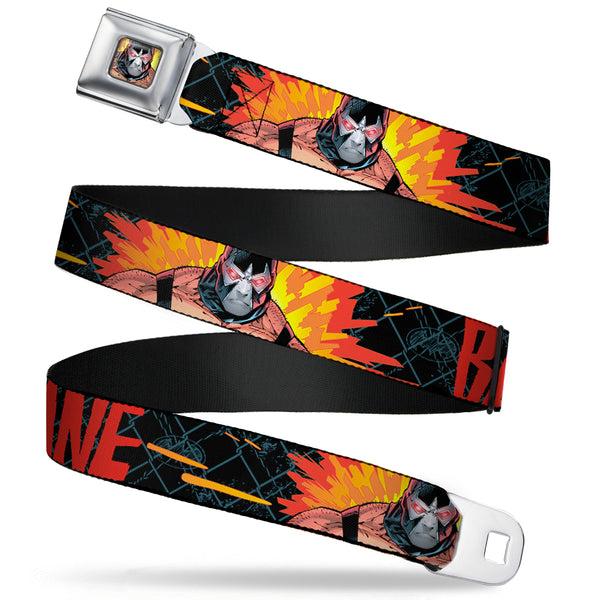 buckle down Bane Face Explosion Full Color Seatbelt Belt - BANE Pose/Explosion Bat Signal/Chanlink Black/Gray/Reds Webbing