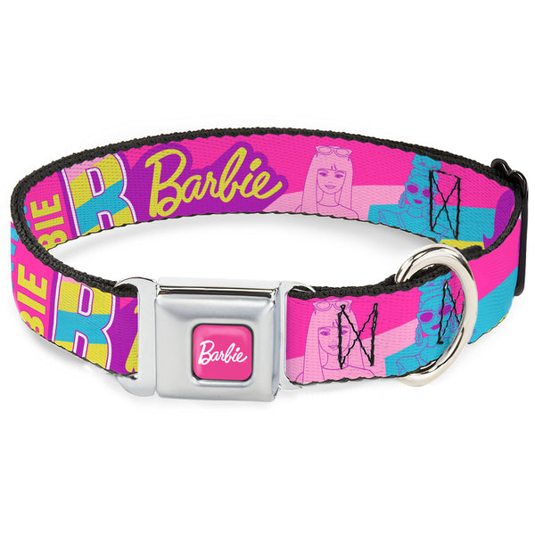 buckle down BARBIE Script Signature Full Color Hot Pink/White Seatbelt Buckle Collar - Barbie Text and Dolls Collage Pinks/Multi Color