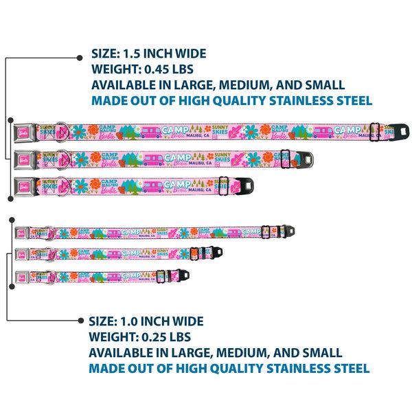 Buckle Down BARBIE Script Signature Full Color Hot Pink/White Seatbelt Buckle Collar - CAMP BARBIE MALIBU Icons Collage Pink/Multi Color