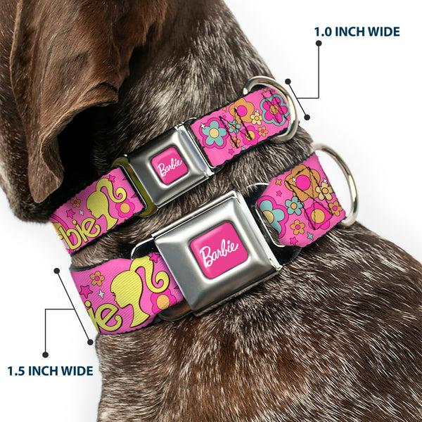 Buckle Down BARBIE Script Signature Full Color Hot Pink/White Seatbelt Buckle Collar - BARBIE SUNNY DAYS AHEAD Icons Collage Pink/Multi Color