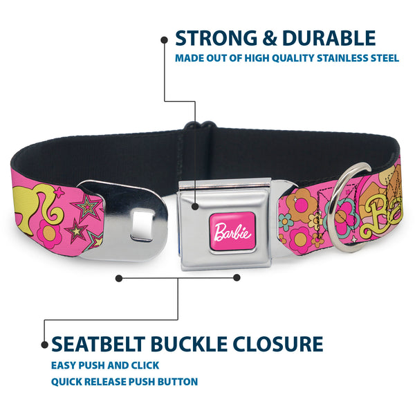 Buckle Down BARBIE Script Signature Full Color Hot Pink/White Seatbelt Buckle Collar - BARBIE SUNNY DAYS AHEAD Icons Collage Pink/Multi Color