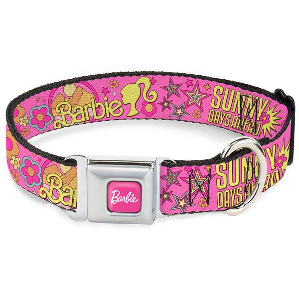 buckle down BARBIE Script Signature Full Color Hot Pink/White Seatbelt Buckle Collar - BARBIE SUNNY DAYS AHEAD Icons Collage Pink/Multi Color
