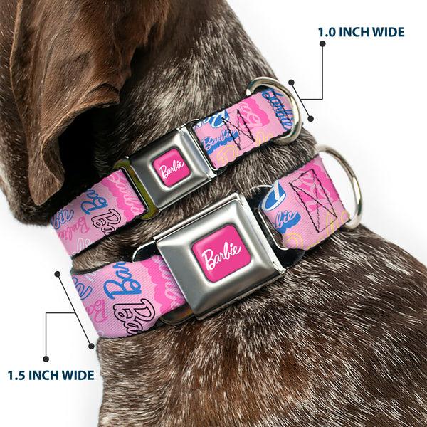 Buckle Down BARBIE Script Signature Full Color Hot Pink/White Seatbelt Buckle Collar - BARBIE Script Signature Collage Pink/Multi Color