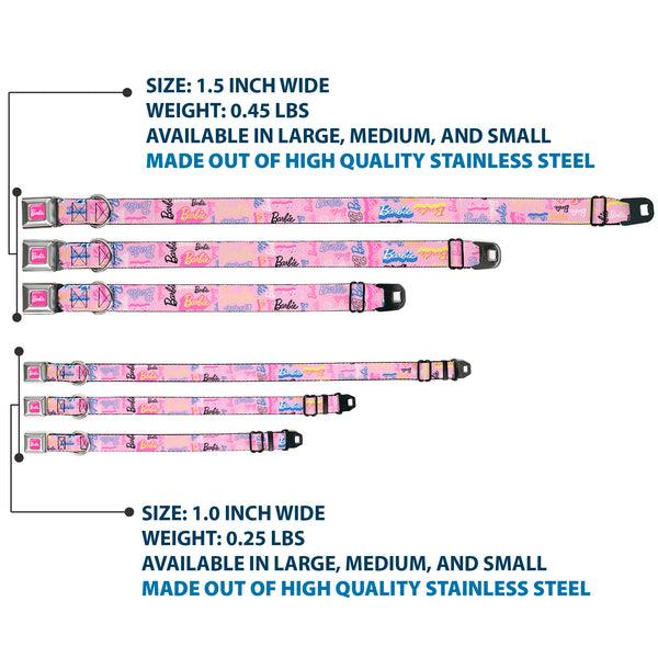 Buckle Down BARBIE Script Signature Full Color Hot Pink/White Seatbelt Buckle Collar - BARBIE Script Signature Collage Pink/Multi Color