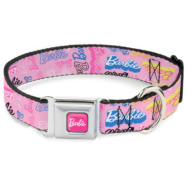 buckle down BARBIE Script Signature Full Color Hot Pink/White Seatbelt Buckle Collar - BARBIE Script Signature Collage Pink/Multi Color