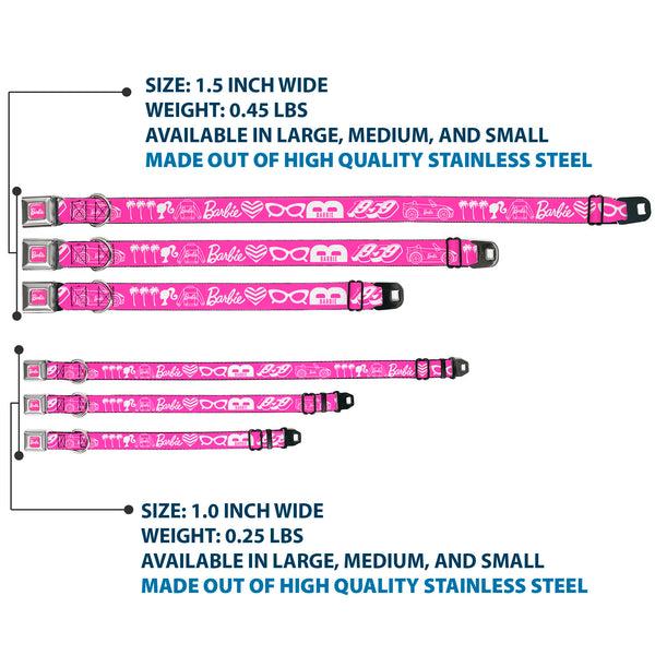 Buckle Down BARBIE Script Signature Full Color Hot Pink/White Seatbelt Buckle Collar - BARBIE Script Signature And Icons Pink/White