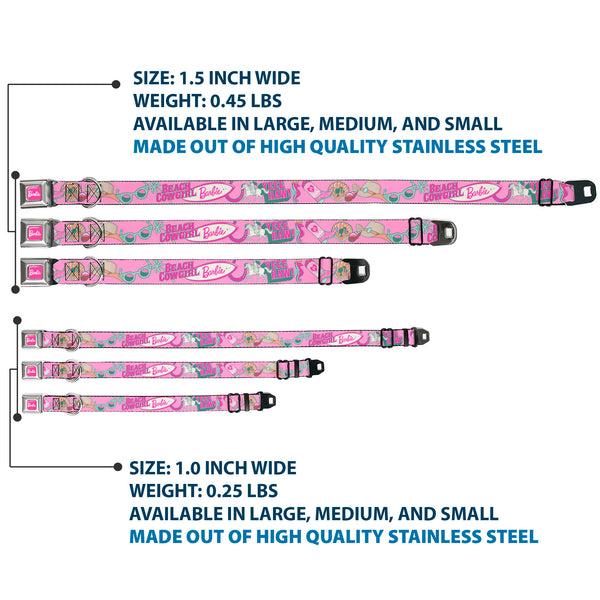 Buckle Down BARBIE Script Signature Full Color Hot Pink/White Seatbelt Buckle Collar - BARBIE BEACH COWGIRL Icons Collage Pinks/Blues