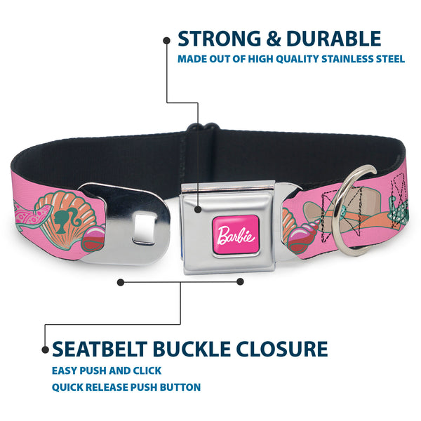 Buckle Down BARBIE Script Signature Full Color Hot Pink/White Seatbelt Buckle Collar - BARBIE BEACH COWGIRL Icons Collage Pinks/Blues