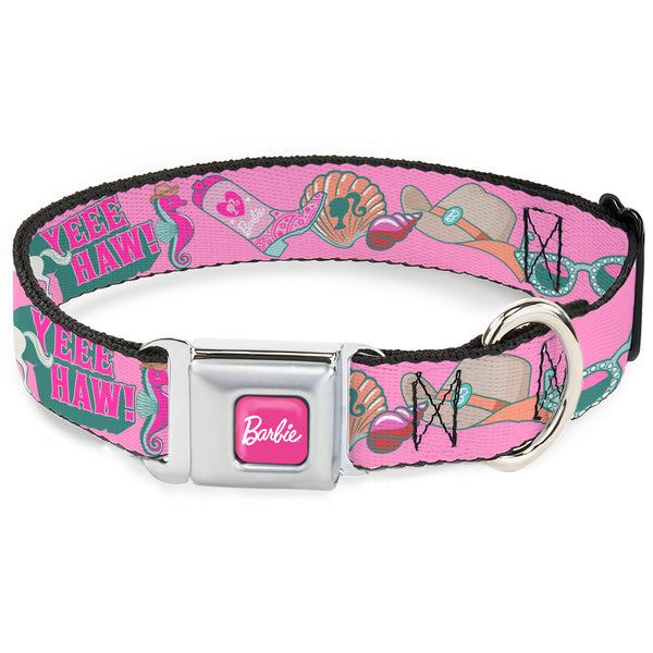 buckle down BARBIE Script Signature Full Color Hot Pink/White Seatbelt Buckle Collar - BARBIE BEACH COWGIRL Icons Collage Pinks/Blues