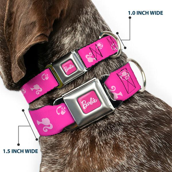 Buckle Down BARBIE Script Signature Full Color Hot Pink/White Seatbelt Buckle Collar - Barbie Ponytail Silhouette Icon Scattered Pinks
