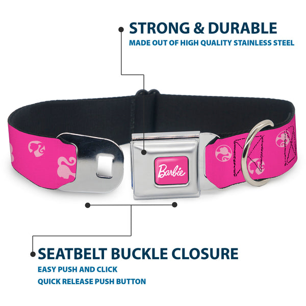 Buckle Down BARBIE Script Signature Full Color Hot Pink/White Seatbelt Buckle Collar - Barbie Ponytail Silhouette Icon Scattered Pinks
