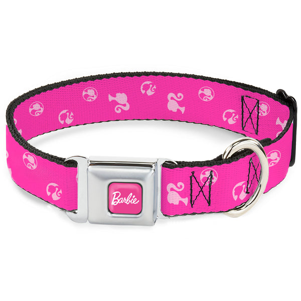 buckle down BARBIE Script Signature Full Color Hot Pink/White Seatbelt Buckle Collar - Barbie Ponytail Silhouette Icon Scattered Pinks