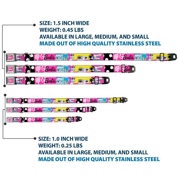 Buckle Down BARBIE Script Signature Full Color Hot Pink/White Seatbelt Buckle Collar - BARBIE Accessory Icons Collage Multi Color